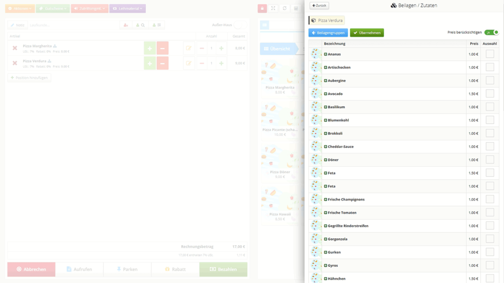 Beilagenverwaltung Gastronomie Bedienoberfläche