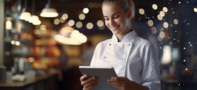 Restaurantmitarbeiterin mit Tablet. Künstliche Intelligenz unterstützt im Restaurantmanangement